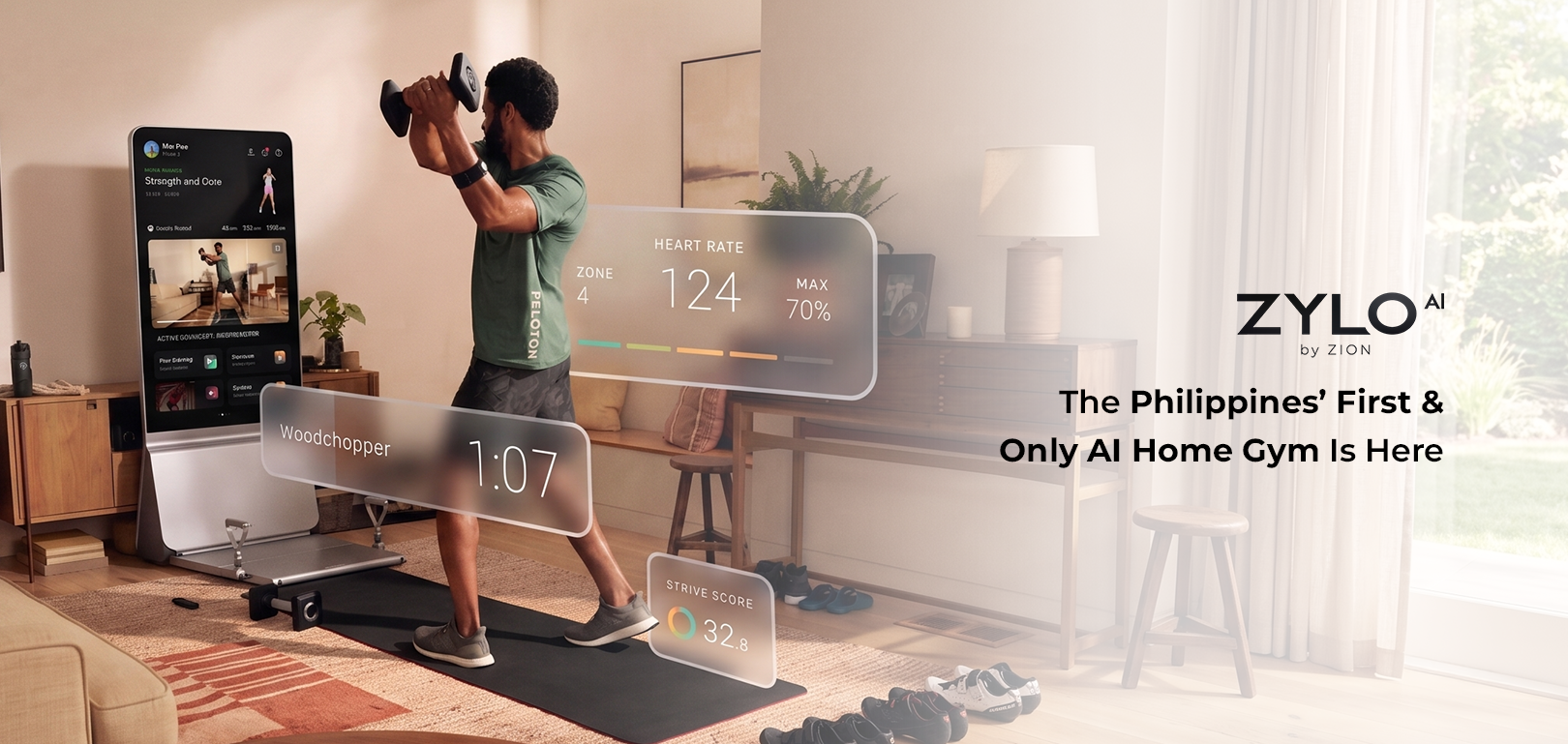 ZYLO AI home gym training scene with Gerald Anderson